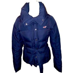 Hollister Down Puffer Belted Jacket Blue Interior Plaid  Warm & Cozy Siz…